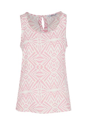 Ærmeløs top i lyserød med et geometrisk mønster, i en rund udskæring og med nøglehul bagpå. Glat stoffinish.