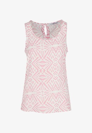 Ærmeløs top i lyserød med et geometrisk mønster, i en rund udskæring og med nøglehul bagpå. Glat stoffinish.