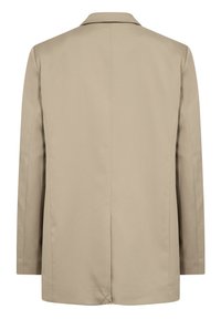 Blazer beige ajusté avec un col cranté, une fente simple à l'arrière et une texture lisse. Présente des manches longues et des coutures minimalistes.