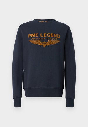 Dunkelblaues Sweatshirt aus weichem Stoff mit einem goldenen Logo mit Flügeln, gerippten Bündchen und einem runden Ausschnitt. Klassisches Design mit minimalen Verzierungen.