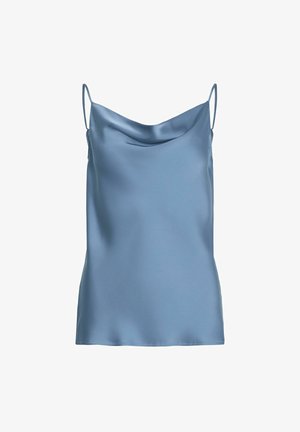 Ljusblå satin chemise med en draperad halsringning, tunna axelremmar och en slät yta, med en figurnära silhuett som smalnar av vid fållen.