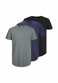 Three plain crew-neck t-shirts in gray, navy blue, and black, arranged overlapping against a white background.