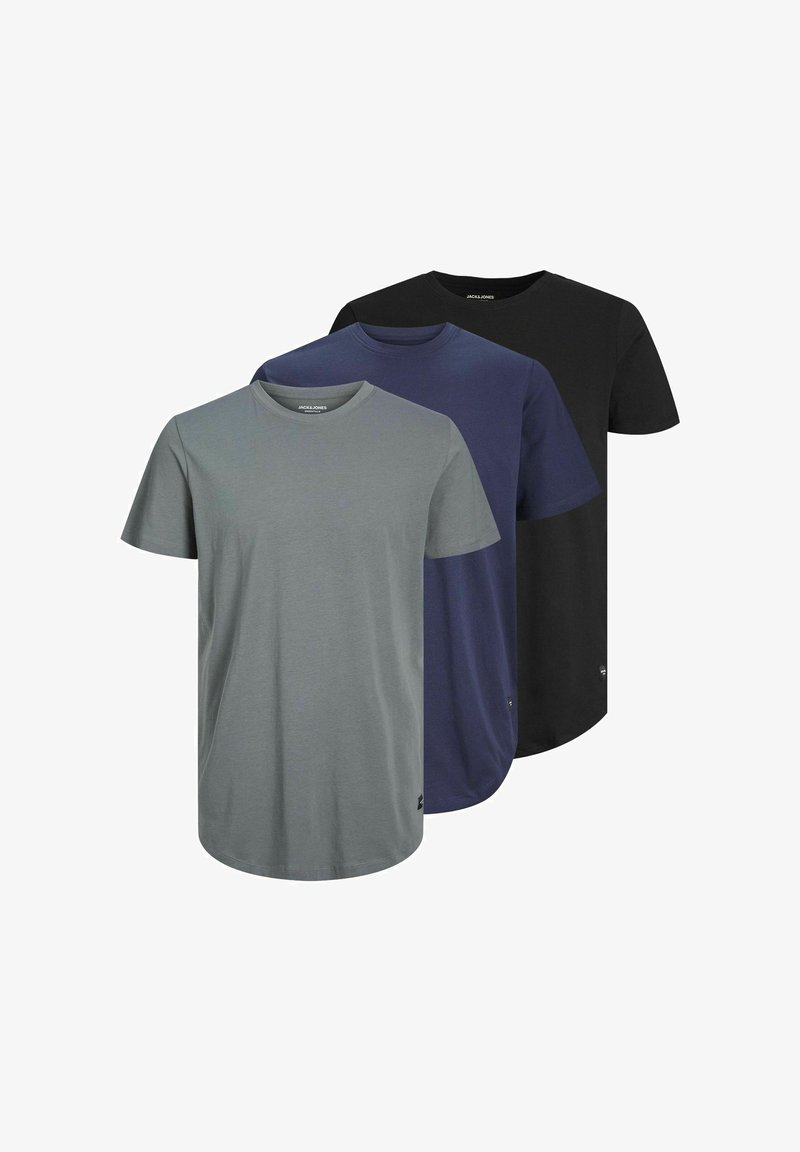 Three plain crew-neck t-shirts in gray, navy blue, and black, arranged overlapping against a white background.
