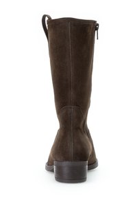 Brown suede knee-high boots with a smooth texture, slim fit, and a low block heel; features a side zipper and a pull tab at the top.