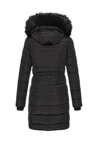 Black padded coat with a fur-lined hood, featuring horizontal quilted texture and ribbed cuffs, designed for warmth and coverage.