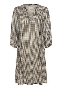 Chevron-patterned dress in beige, black, and brown. Features a v-neck, three-quarter sleeves, and a loose fit for comfort. Lightweight fabric.