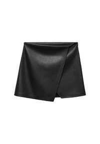 Gonna mini nera in faux pelle con design avvolgente, linee pulite e una texture liscia. Presenta una chiusura laterale con zip per un'indossabilità facile.