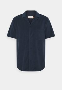 Korte mouwen blouse van zacht marineblauw stof, met een camp collar, één borstzak en een knoopsluiting aan de voorkant met een comfortabele pasvorm.