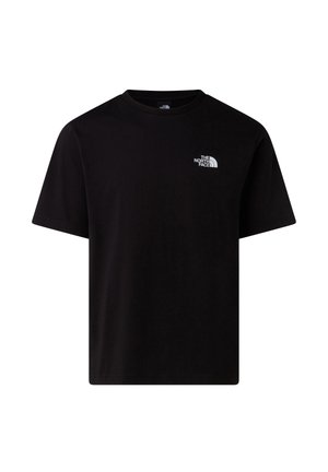 Camiseta negra de manga corta y cuello redondo con pequeño logo blanco de The North Face en el lado izquierdo del pecho.