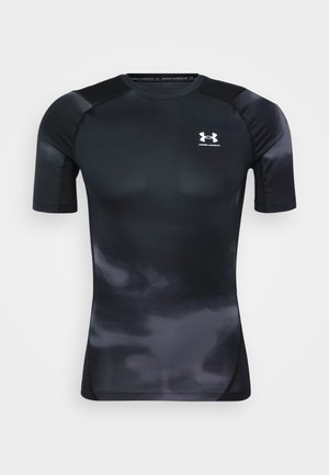 Black athletic shirt with short sleeves, made of smooth, stretchy material. Features a subtle gradient pattern and a white logo on the chest.
