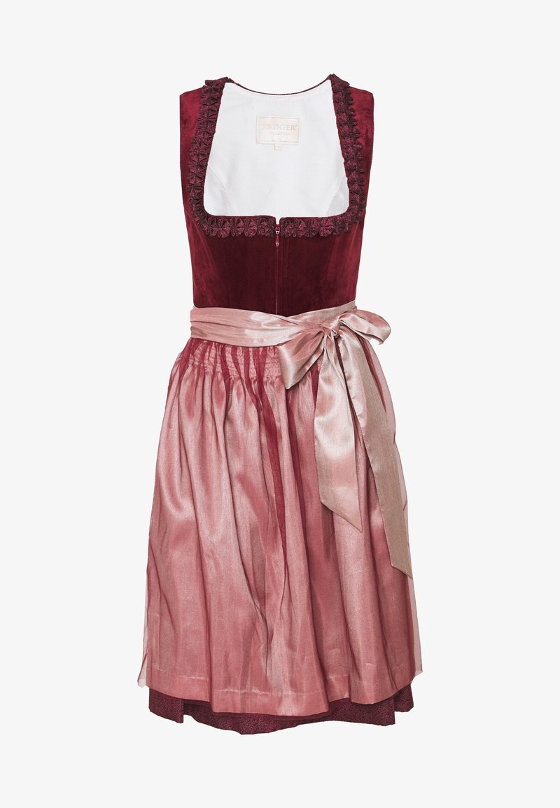 Robe sans manches en velours bordeaux avec une bordure en dentelle, tablier en satin rose noué en nœud à la taille et jupe plissée.