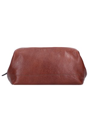 Pochette cosmétique en cuir marron avec une finition texturée, de forme rectangulaire et un léger détail de couture le long de la couture. Fermeture éclair sur le dessus.