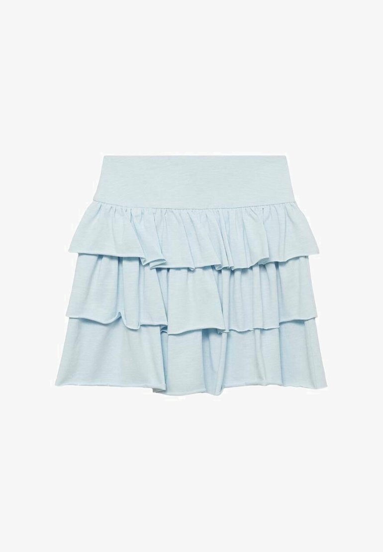 Himmelblauer, rüschender Rock mit drei gestuften Lagen, aus weichem Stoff gefertigt. Verfügt über einen elastischen Taillenbund für zusätzlichen Komfort.