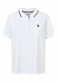 Wit poloshirt van katoen met een klassieke kraag. Voorzien van twee knopen, korte mouwen en een zwart geborduurd logo op de borst.