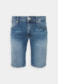 Farkkushortsit keskisinisinä, puuvillasta valmistettu, klassisella viiden taskun muotoilulla, etupainikekiinnityksellä ja suoralla helman muotoilulla.