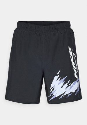 Shorts de sport noirs avec une taille élastique, une texture lisse et un motif abstrait blanc et bleu clair sur le côté.