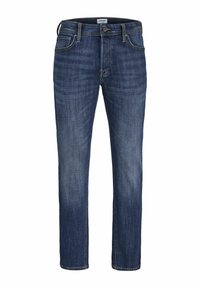 Dunkelblaue Denim-Jeans mit geradem Schnitt, ausgestattet mit einem Reißverschluss, fünf Taschen und dezenten Ausbleichungen in der Stofftextur.