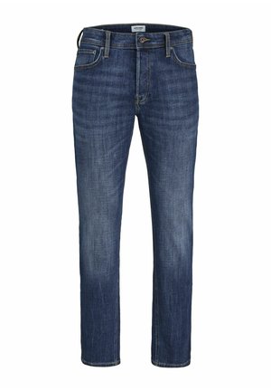 Jean en denim bleu foncé avec une coupe droite, dotés d'une fermeture éclair, de cinq poches et d'un léger délavage dans la texture du tissu.