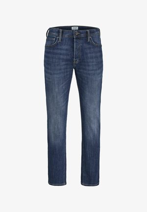 Temno modri kavbojki z ravnim krojem, z zadrgo, petimi žepi in subtilnim zbledeljem v teksturi blaga.