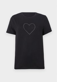 Svart bomulls t-skjorte med rund hals og kortermede, med et hjerte-design laget av sølvnagler på forsiden.