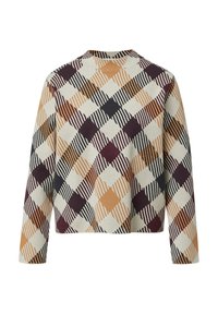 Strickpullover mit kariertem Muster in Beige, Kastanienbraun, Dunkelblau und Rost. Lange Ärmel und runder Ausschnitt. Weicher Stoff.