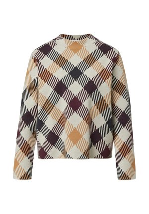 Sweter dziany z wzorem w kratkę w kolorze beżowym, bordowym, ciemnoniebieskim i rdzawym. Długie rękawy i okrągły dekolt. Miękka tekstura.