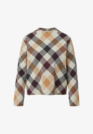 Maglione lavorato a maglia con un motivo a scacchi nei colori beige, bordeaux, blu scuro e ruggine. Maniche lunghe e scollatura rotonda. Texture morbida.