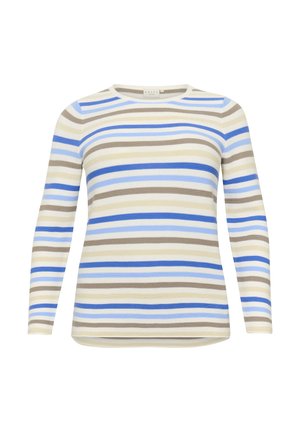 Top de manga larga a rayas con líneas alternas en beige, azul claro y azul marino sobre un fondo crema. Diseño ajustado y texturizado.
