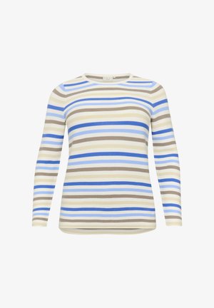 Striped long-sleeve top featuring alternating lines of beige, light blue, and navy on a cream background. Textured, fitted design.