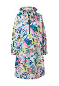 Kleurige oversized regenjas met een capuchon, een half-rits aan de voorkant en gedurfde strandthema prints in roze, blauw, groen en gele accenten.