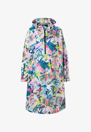 Bunte, übergroße Regenjacke mit Kapuze, halbseitigem Reißverschluss und auffälligen strandthematischen Drucken in Pink, Blau, Grün und Gelb.