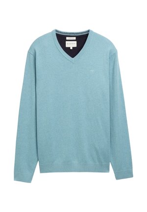 Light blue v-neck sweater made of soft fabric, featuring long sleeves, ribbed cuffs, and a small logo on the chest.