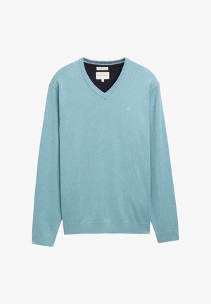 Light blue v-neck sweater made of soft fabric, featuring long sleeves, ribbed cuffs, and a small logo on the chest.