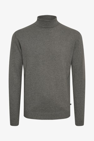 Grauer Rollkragenpullover aus weichem Strickmaterial. Verfügt über einen eng anliegenden Kragen und lange Ärmel mit gerippten Bündchen und Saum.