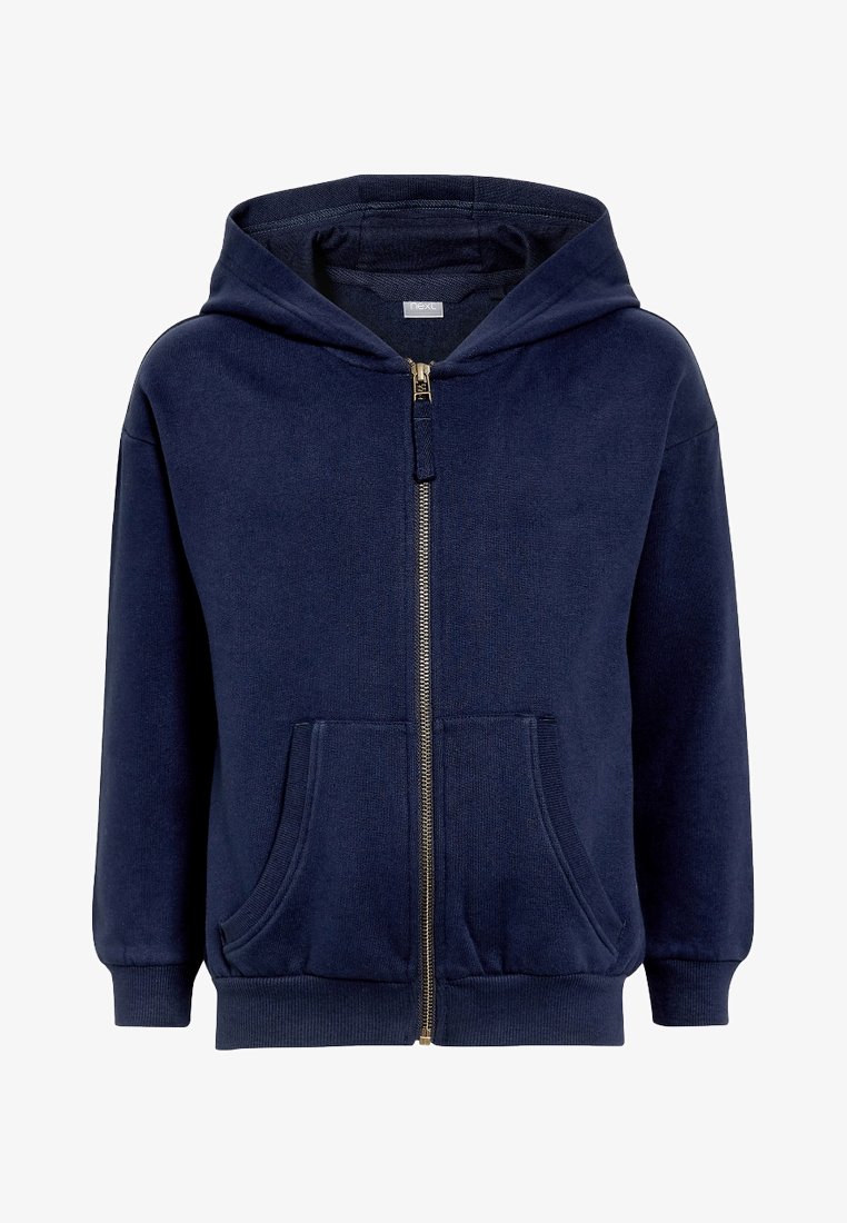 Tmavě modrá mikina na zip vyrobená z měkké látky, s předním zipem, dvěma bočními kapsami a stahovací kapucí. Žebrované manžety a lem.