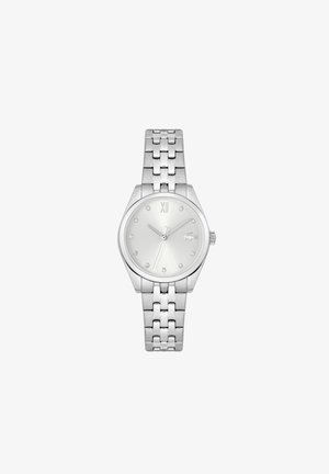 Montre en argent avec un cadran rond, un design minimaliste, des index horaires en petits gemmes et un bracelet en acier inoxydable à maillons.