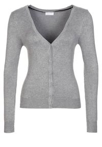 Šedý cardigan vyrobený z měkké pleteniny, s V-výstřihem, dlouhými rukávy a zapínáním na knoflíky v přední části, s žebrovaným lemem a manžetami.