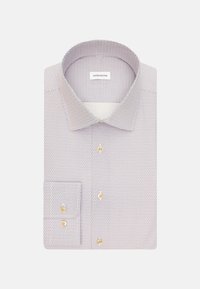 Camicia da uomo a maniche lunghe di colore viola chiaro con un motivo, colletto strutturato, chiusura con bottoni e taschino singolo sul petto. Presenta un design rotondo blu e bianco.