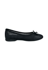 Schwarze Ballerinas aus strukturiertem, synthetischem Material mit einem Rautenmuster, ausgestattet mit einem Schleifenakzent an der Zehenspitze und einer glatten Sohle.