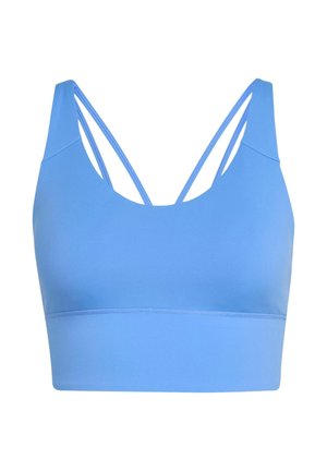 Blauer Sport-BH mit Rundhalsausschnitt, breitem Bund und doppelten, gekreuzten Trägern am Rücken. Hergestellt aus glattem, dehnbarem Stoff.