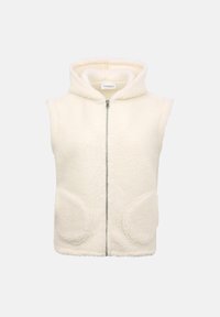 Veste sans manches en polaire crème avec capuche, fermeture éclair à l'avant et deux poches avant arrondies, présentée sur un fond clair.