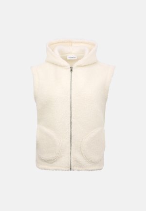 Ærmeløs cremefarvet fleecevest med hætte, lynlås foran og to afrundede forlommer, vist på en lys baggrund.