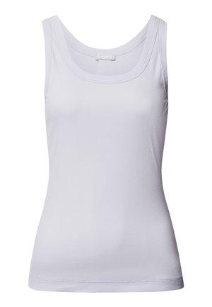 Witte tanktop gemaakt van gladde, rekbare stof. Heeft een ronde halslijn en smalle banden, met een getailleerde pasvorm en geribbelde textuur.