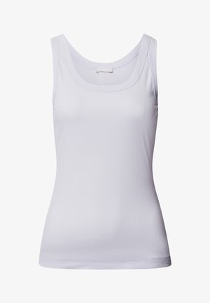 Hvid tanktop lavet af glat, strækbart stof. Har en dyb udskæring og smalle stropper, med en tætsiddende silhuet og ribbet tekstur.