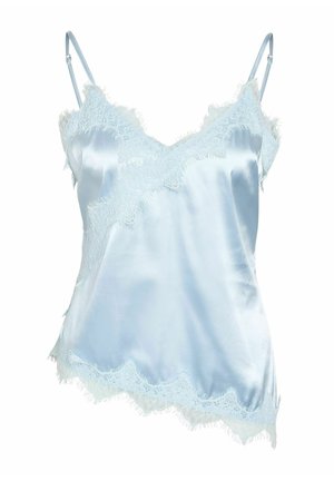 Svetlomodrá saténová košieľka s čipkou pozdĺž výstrihu, lemu a strán, s tenkými nastaviteľnými ramienkami.
