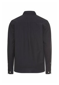 Zwarte longsleeve shirt met een traditionele kraag, knoopmanchetten en een centrale rugploo. Glad textuur, getailleerde pasvorm, geen patronen of versieringen.