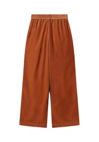 Pantalon marron à jambes larges en tissu lisse. Dispose d'une taille élastique et d'une coupe ample, adapté à un usage décontracté.