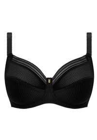 Black bra featuring vertical ribbed texture, underwire support, adjustable straps, and a small gold accent at the center.