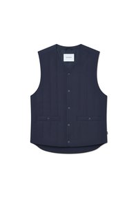 Navy sleeveless vest with vertical stitching, two front pockets, and button closure. Made of smooth fabric with a straight hem design.