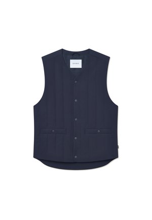 Navy sleeveless vest with vertical stitching, two front pockets, and button closure. Made of smooth fabric with a straight hem design.